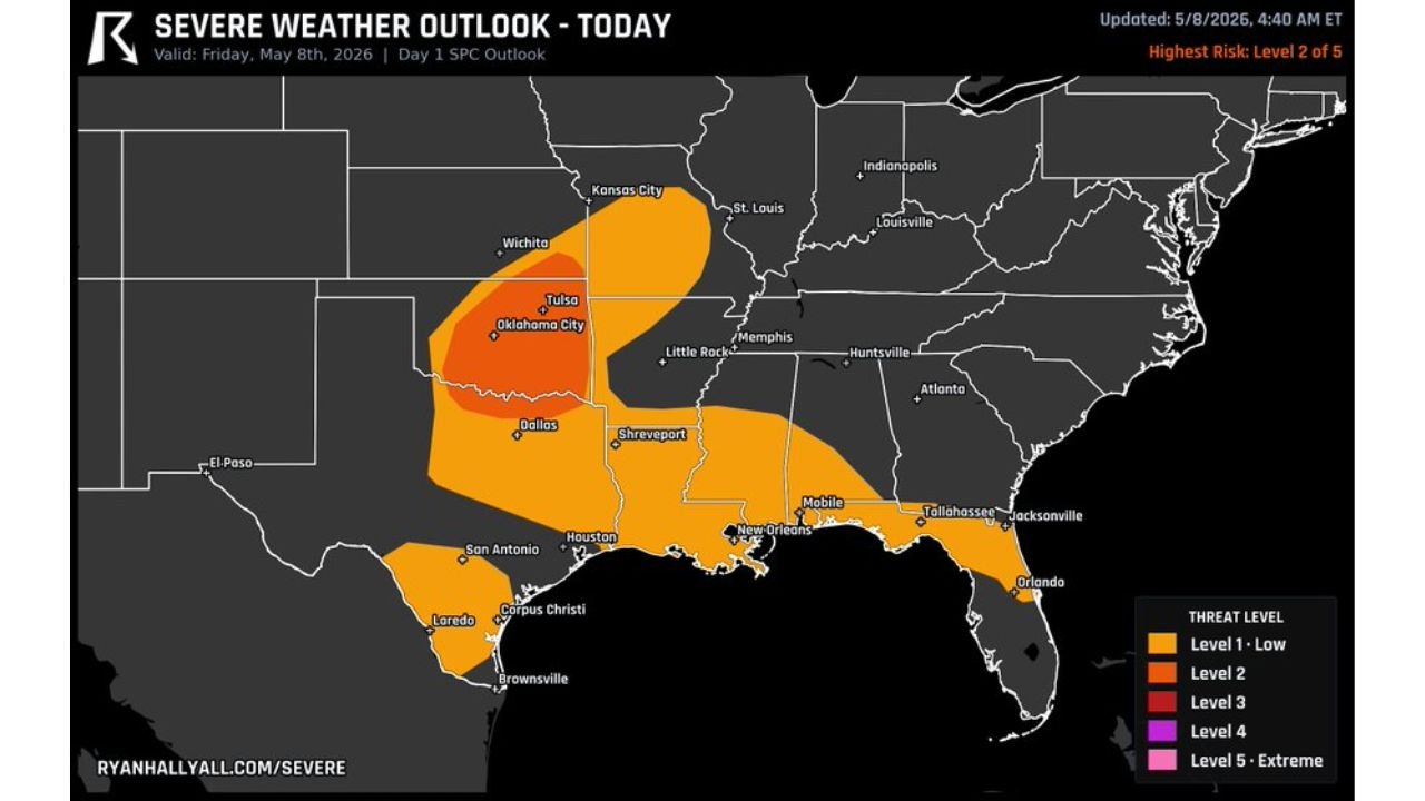 Kansas, Oklahoma, and North Texas Face Slight Risk Severe Weather Friday With Large Hail up to 2 Inches and Damaging Wind Line Moving South Through the Night on May 8