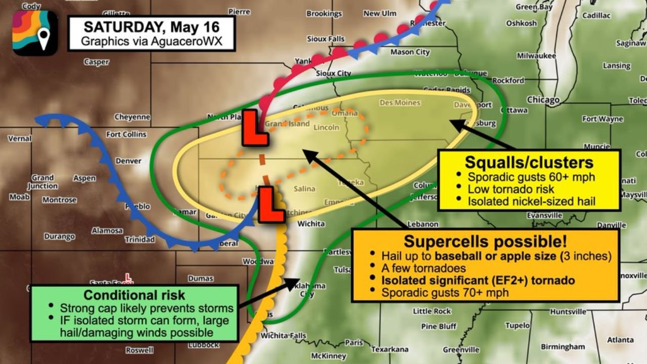 Kansas and Nebraska Face Baseball-Sized Hail, a Few Tornadoes and an Isolated EF2+ Risk Near Colby, McCook, Kearney, Hastings and Lincoln as Discrete Supercells Fire Saturday May 16