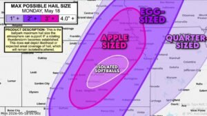 Kansas and Nebraska Face Isolated Softball Size Hail Monday May 18 Including Wichita, Hutchinson, McPherson, Manhattan and Salina With Apple Size Hail Reaching Lincoln and Topeka