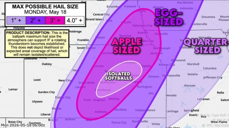 Kansas and Nebraska Face Isolated Softball Size Hail Monday May 18 Including Wichita, Hutchinson, McPherson, Manhattan and Salina With Apple Size Hail Reaching Lincoln and Topeka