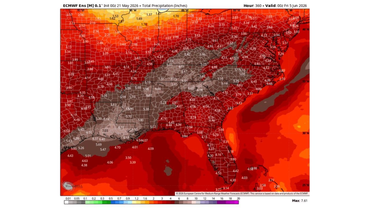 Louisiana, Mississippi, Alabama, Georgia, and Tennessee Face Up to 7 Inches of Drought-Busting Rain Over the Next 15 Days Through June 5 as Wettest Pattern in Months Takes Hold Across the Southeast