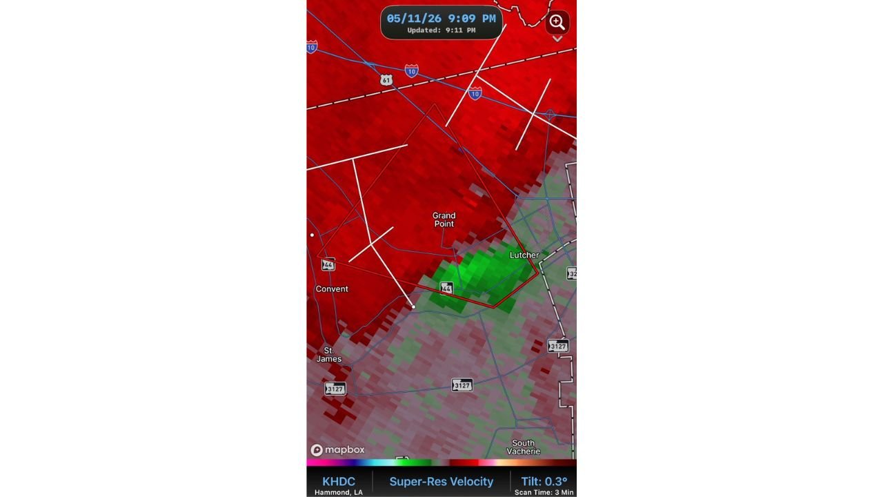 Louisiana Tornado Warning Issued for Grand Point and Lutcher Near Convent and St. James Monday May 11 at 9:09 PM Take Shelter Now
