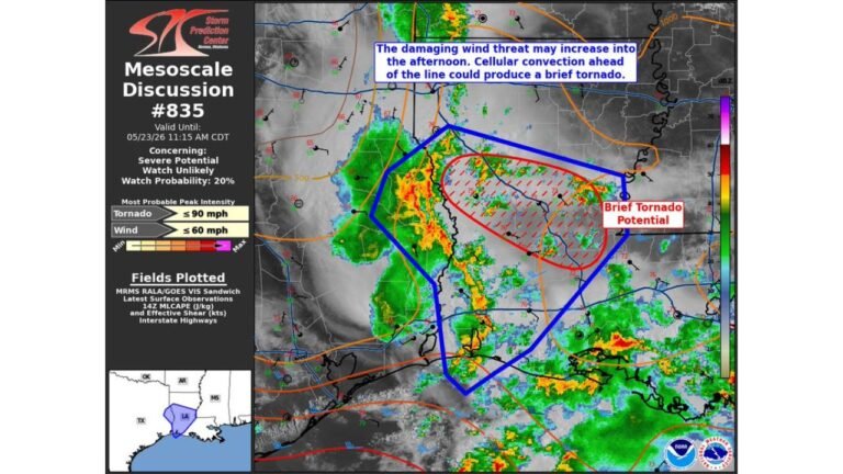 Louisiana and Mississippi Face Brief Tornado Potential and 60 MPH Damaging Winds Saturday May 23 as Afternoon Storm Threat Continues to Grow