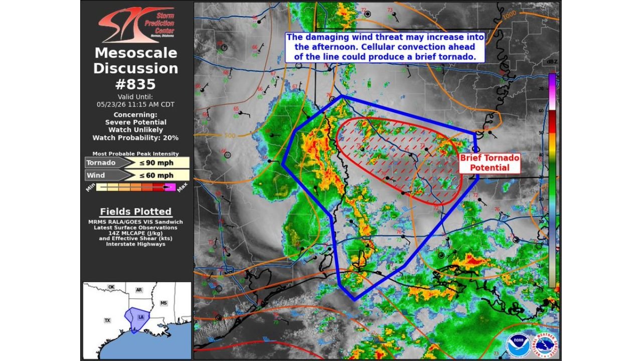 Louisiana and Mississippi Face Brief Tornado Potential and 60 MPH Damaging Winds Saturday May 23 as Afternoon Storm Threat Continues to Grow