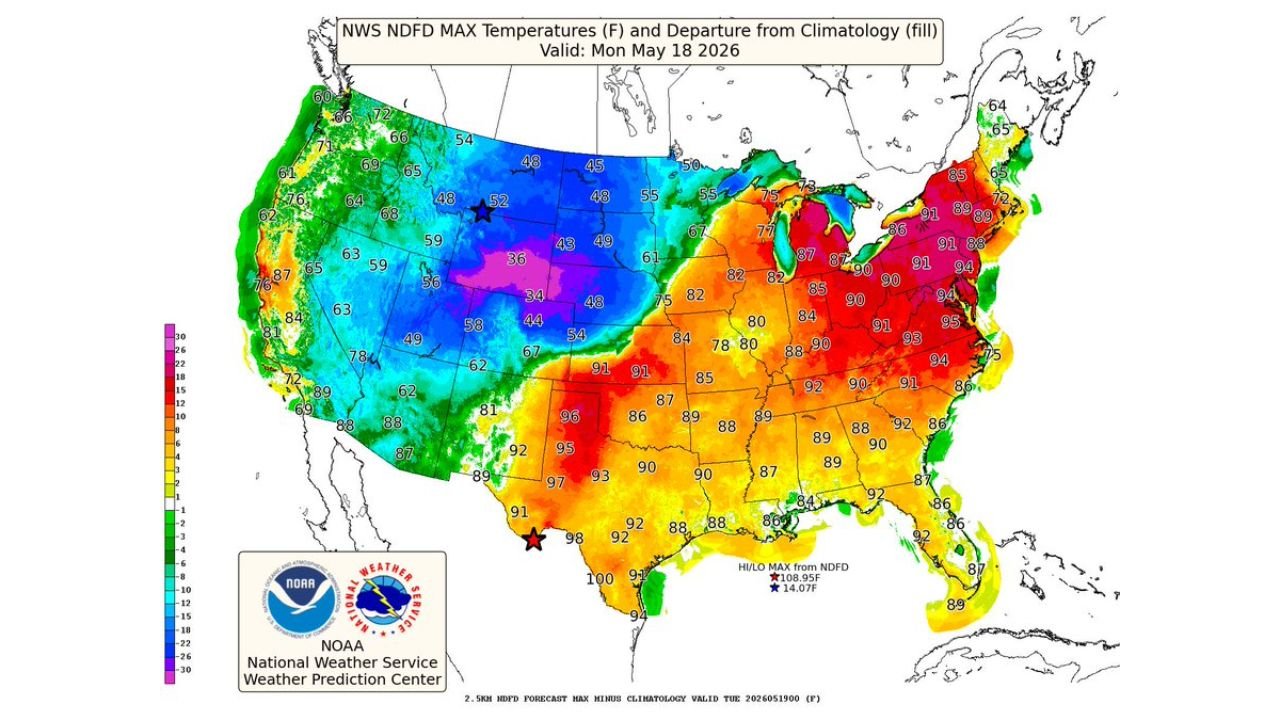 Maryland, Virginia, Pennsylvania and New England Face Record Challenging Mid 90s Heat Monday May 18 Spreading to New England by Tuesday With Major Heat Risk for Mid-Atlantic Cities