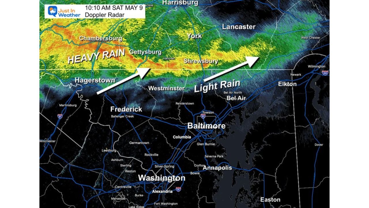 Maryland and Pennsylvania Face Sharp Weather Contrast Saturday Morning With Heavy Rain Along the Pennsylvania Border and Dry Conditions in Baltimore While Central Maryland Watches for Strong Storms Later