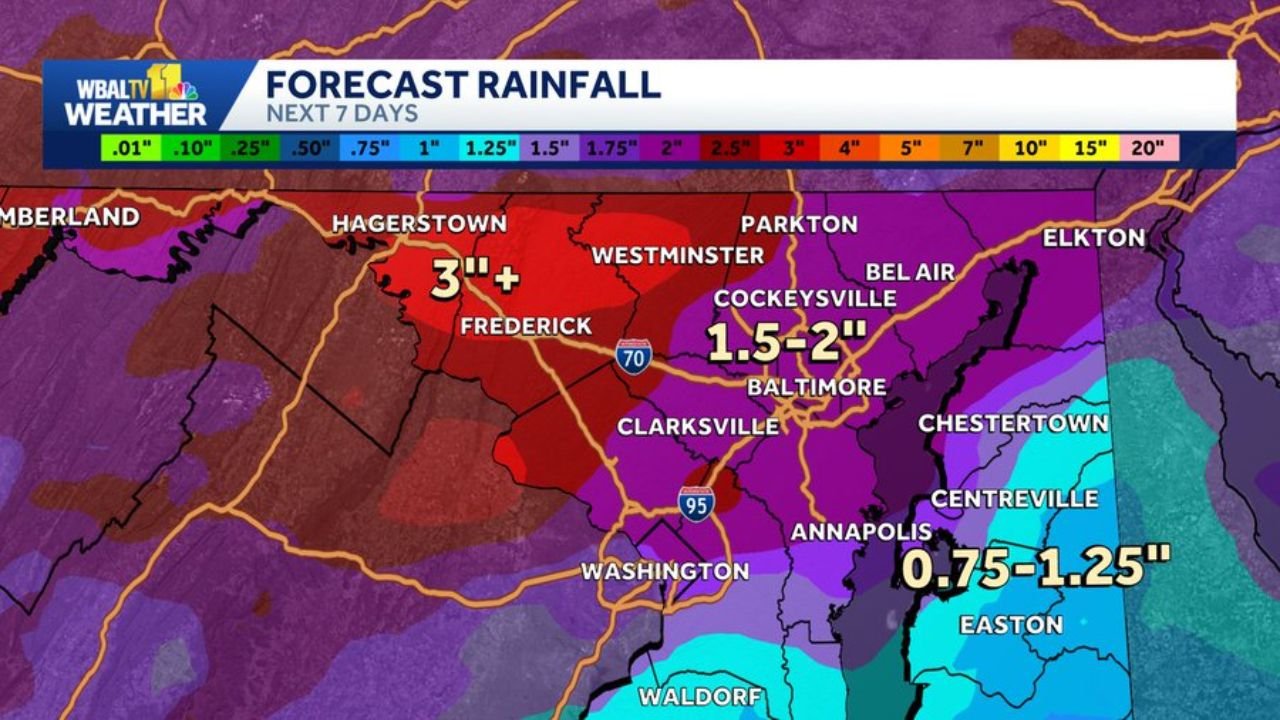 Maryland to Receive 1 to 3 Inches of Drought-Relieving Rain Over the Next 7 Days With Frederick and Hagerstown Topping 3 Inches While Baltimore Sees 1.5 to 2 Inches Over the Holiday Weekend