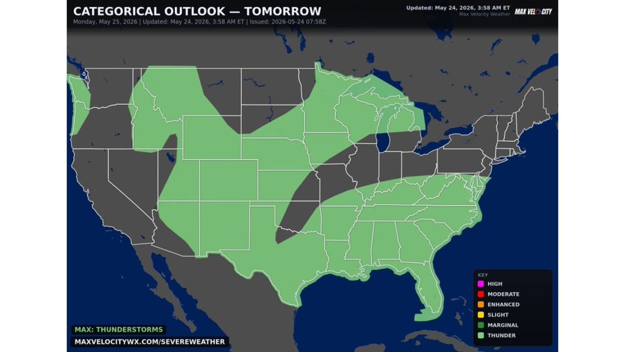 Memorial Day Thunderstorm Chances Cover Large Portion of the United States as Southeast Faces Possible Non-Zero Severe Weather Threat on Monday May 25