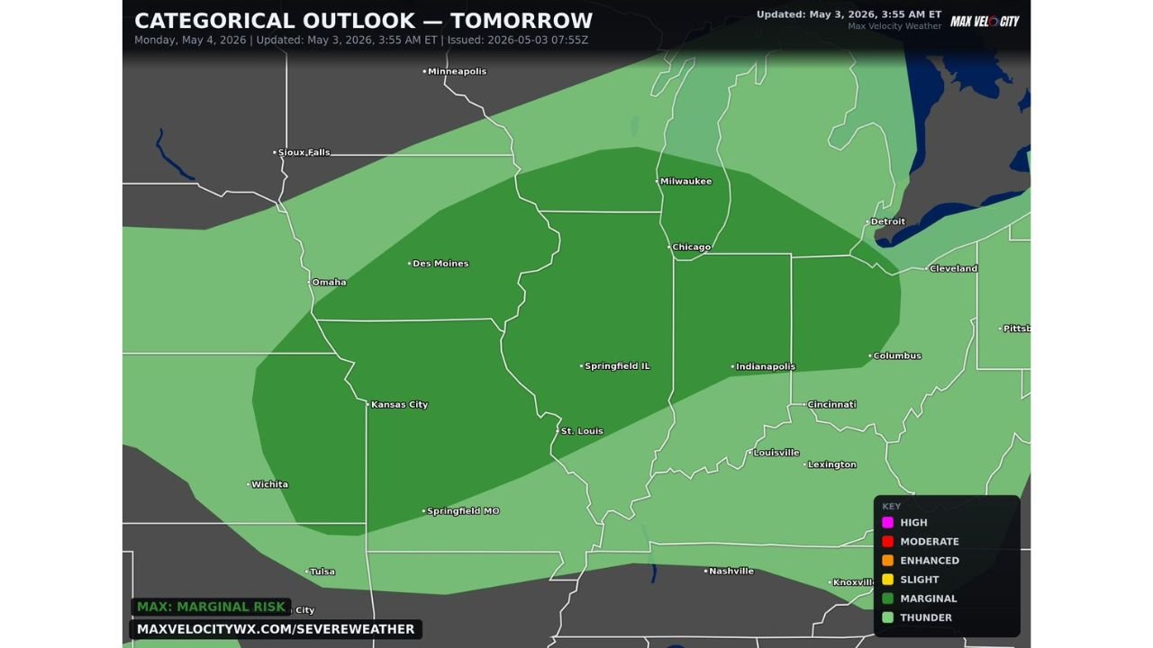 Midwest Faces Scattered Damaging Wind Gusts and Large Hail Monday With Storms Spreading Overnight From Chicago to Indianapolis