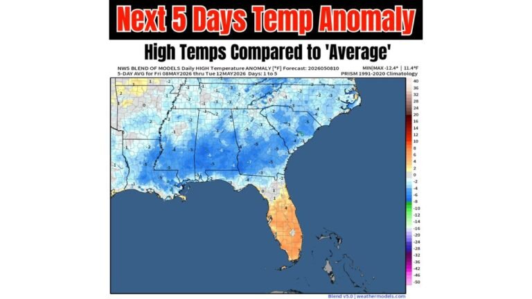 Mississippi, Alabama, Georgia, and the Carolinas Run 5 to 7 Degrees Below Normal Through May 12 as Lingering Front Keeps the South Cool While Central Florida Stays Warmer Than Average