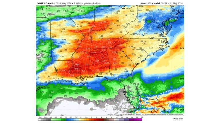 Mississippi, Alabama, Tennessee and Georgia Face Up to 4 Inches of Rainfall This Week as Multiple Storm Rounds Target the Deep South Through Monday May 11