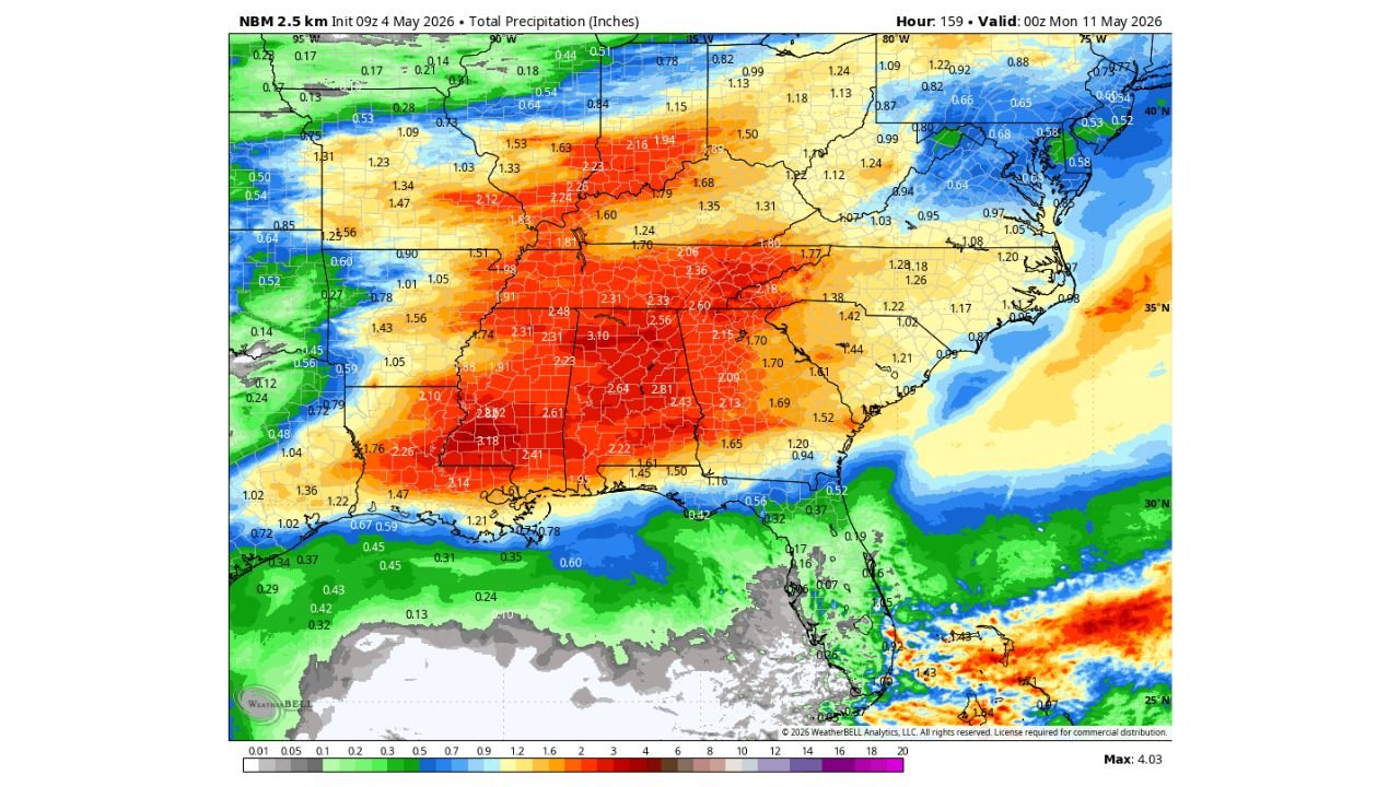 Mississippi, Alabama, Tennessee and Georgia Face Up to 4 Inches of Rainfall This Week as Multiple Storm Rounds Target the Deep South Through Monday May 11