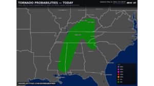 Mississippi, Alabama, Tennessee, and Kentucky Face Tornado Threat Between 2 PM and 7 PM Friday May 22 Targeting Jackson, Mobile, Birmingham, Nashville, Louisville, and Lexington
