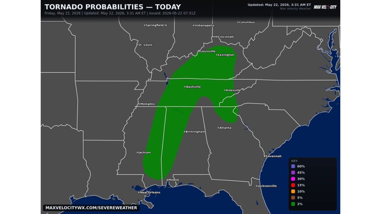 Mississippi, Alabama, Tennessee, and Kentucky Face Tornado Threat Between 2 PM and 7 PM Friday May 22 Targeting Jackson, Mobile, Birmingham, Nashville, Louisville, and Lexington