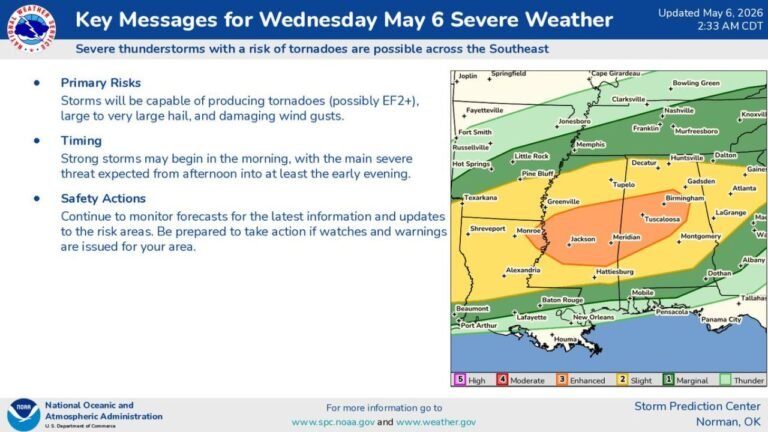 Mississippi, Alabama and Louisiana Face EF2 Tornadoes, Very Large Hail and Damaging Winds Wednesday Afternoon Into Early Evening With Storms Already Underway