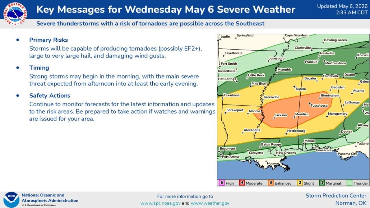 Mississippi, Alabama and Louisiana Face EF2 Tornadoes, Very Large Hail and Damaging Winds Wednesday Afternoon Into Early Evening With Storms Already Underway