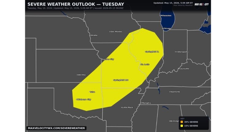 Missouri, Kansas, Oklahoma and Illinois Face Damaging Winds, Large Hail and Tornadoes Near Kansas City, St. Louis, Tulsa and Oklahoma City as a 5-Day Severe Weather Stretch Continues Tuesday May 19
