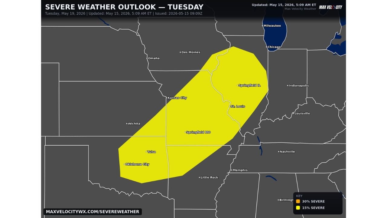 Missouri, Kansas, Oklahoma and Illinois Face Damaging Winds, Large Hail and Tornadoes Near Kansas City, St. Louis, Tulsa and Oklahoma City as a 5-Day Severe Weather Stretch Continues Tuesday May 19