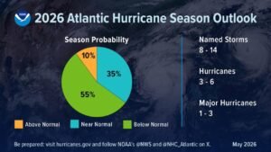 NOAA 2026 Atlantic Hurricane Season Outlook Predicts Below Normal Activity With 8 to 14 Named Storms 3 to 6 Hurricanes and 1 to 3 Major Hurricanes as El Nino Expected to Suppress Season
