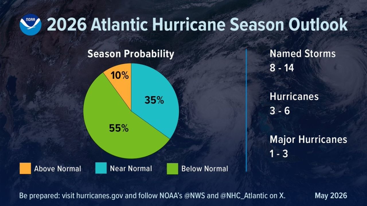 NOAA 2026 Atlantic Hurricane Season Outlook Predicts Below Normal Activity With 8 to 14 Named Storms 3 to 6 Hurricanes and 1 to 3 Major Hurricanes as El Nino Expected to Suppress Season