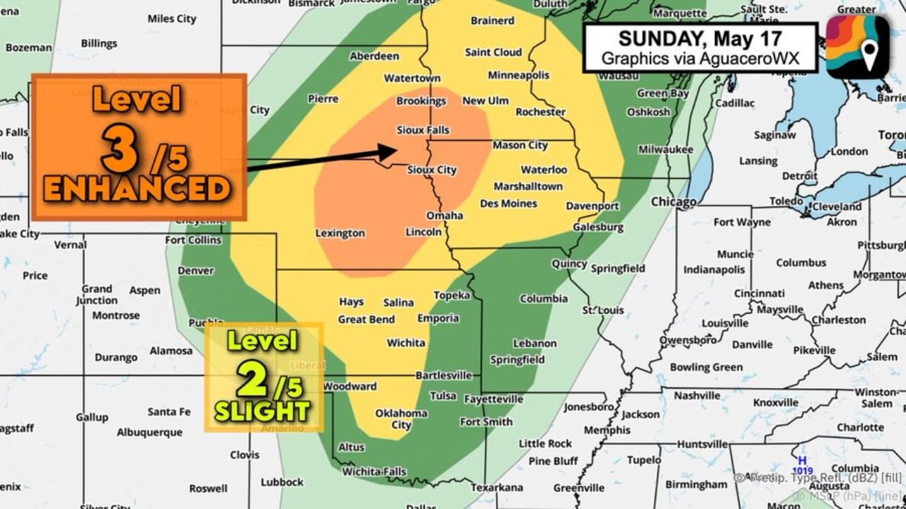 Nebraska, Iowa and Kansas Face a 2-Day Severe Weather Outbreak With Strong Tornadoes and Large Hail at Enhanced Level 3 Risk Near Omaha, Sioux Falls and Wichita Sunday and Monday May 17-18