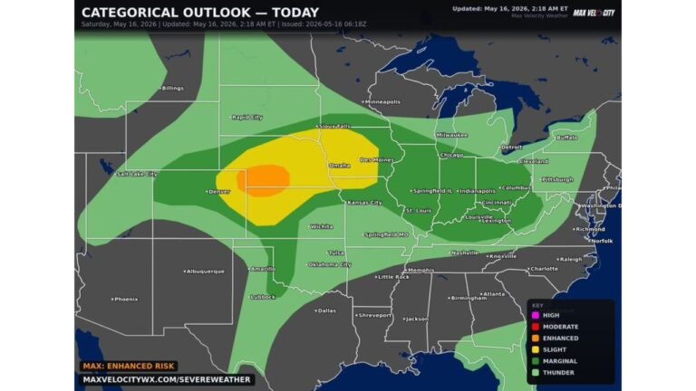 Nebraska, Iowa and Kansas Face an Enhanced Risk With 2 to 3 Inch Hail, Tornadoes and Damaging Winds Near Kearney, Omaha, Sioux Falls and Des Moines Saturday May 16 Today