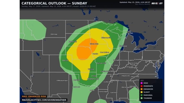 Nebraska, Iowa and South Dakota Face a Severe Weather Outbreak With Strong Tornadoes and Very Large Hail Near Omaha, Sioux Falls and Des Moines Sunday May 17