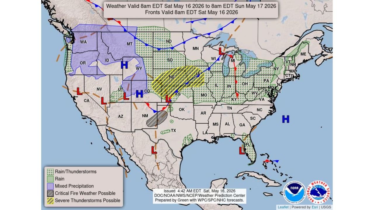Nebraska, Kansas and Iowa Face Severe Storms With Large Hail, Damaging Winds and Tornadoes Near Kearney, Grand Island, Sioux Falls and Wichita Saturday May 16 This Afternoon and Evening