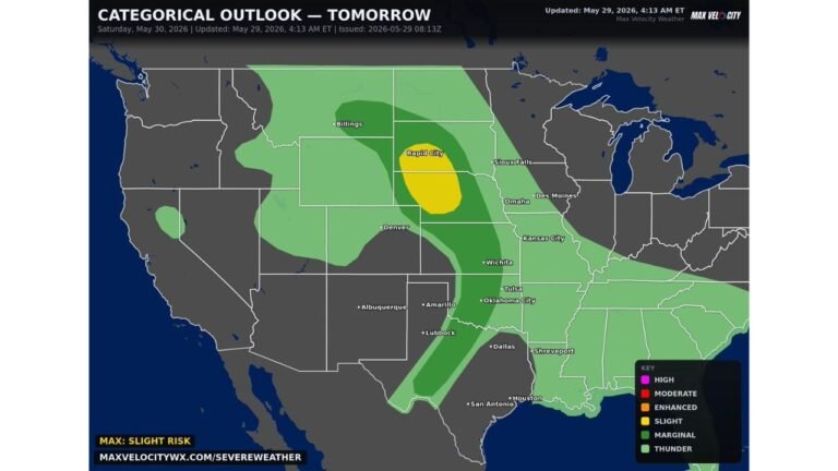 Nebraska and South Dakota Carry Highest Tornado Risk Saturday as Severe Weather Threat Spans Texas to Montana on May 30