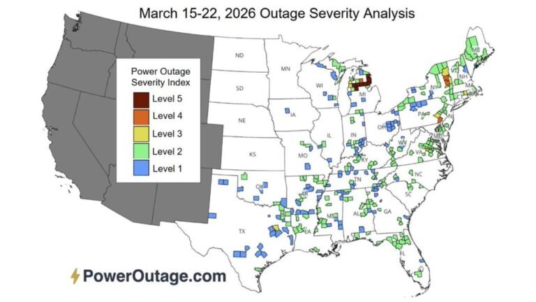 New Power Outage Severity Index Reveals Ice Storms Cause More Damaging Outages Than Thunderstorms With Michigan Hitting Level 5 During the March 15 to 22, 2026 Winter Storm Event