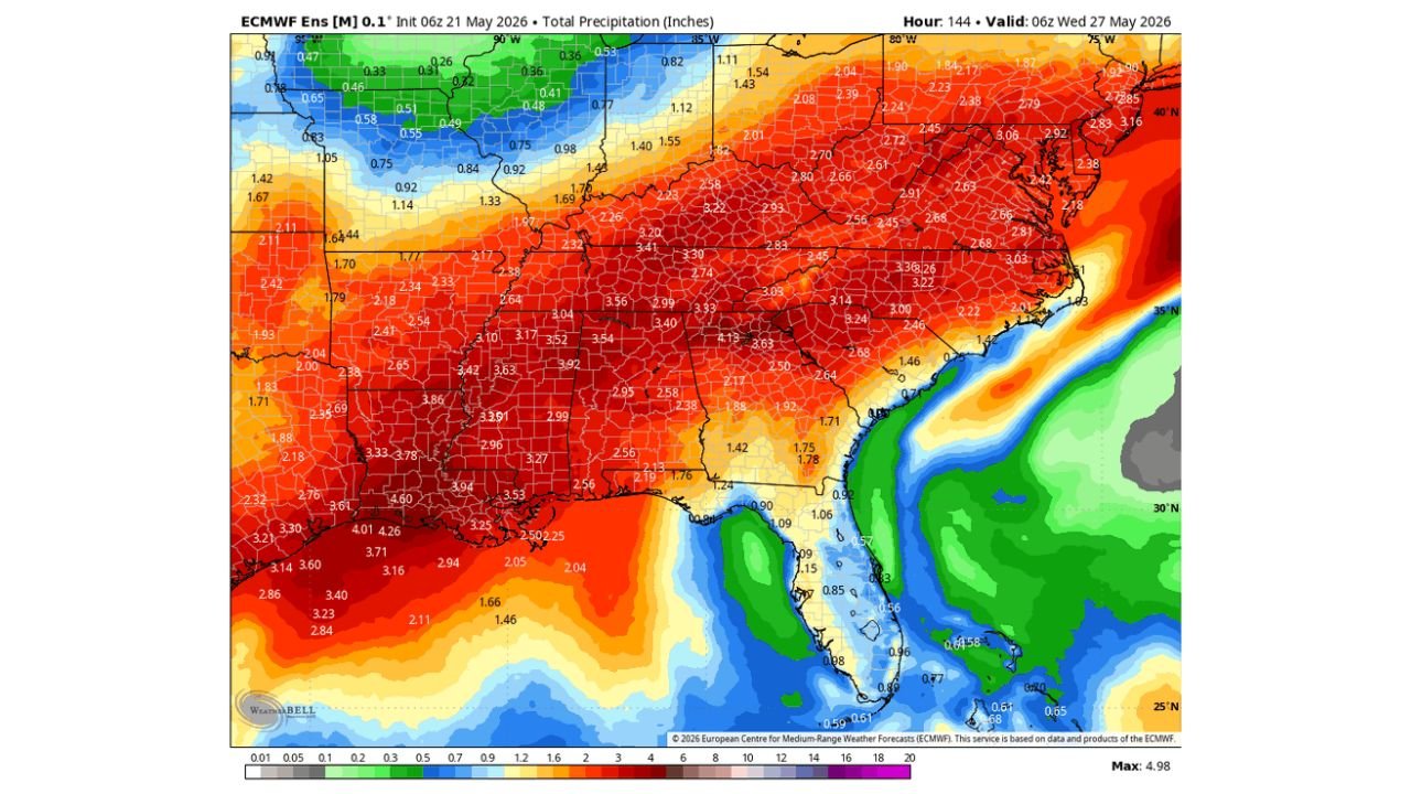 North Carolina, South Carolina, Georgia, Alabama, and Louisiana Face Rounds of Heavy Rain and Storms Through May 27 With Up to 4 Inches of Much-Needed Rainfall Targeting Drought-Stricken Southeast