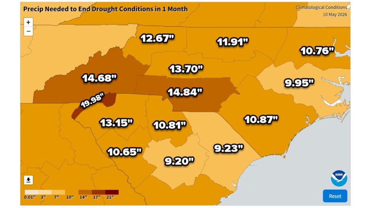 North Carolina, South Carolina, Virginia and Kentucky Need Up to 19.98 Inches of Rain in One Month to End Drought Conditions as of May 10 2026