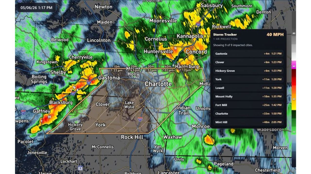 North Carolina and South Carolina Face Fast Moving Storm Line With Lightning Threat Targeting Gastonia, Charlotte, and Mint Hill at 40 MPH Wednesday Afternoon