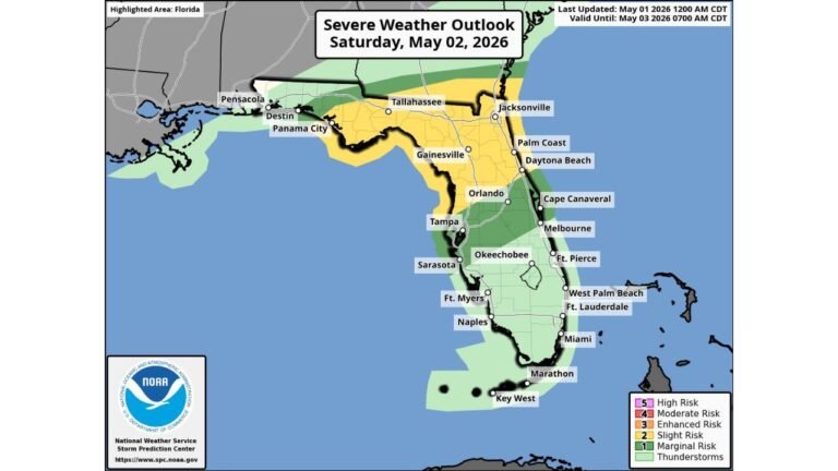 Northern Florida and Southern Georgia Face Slight Risk of Damaging Winds, Large Hail and Tornadoes This Saturday as Cold Front Pushes Through