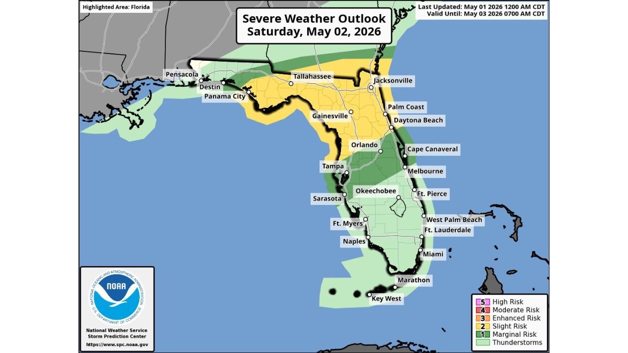 Northern Florida and Southern Georgia Face Slight Risk of Damaging Winds, Large Hail and Tornadoes This Saturday as Cold Front Pushes Through