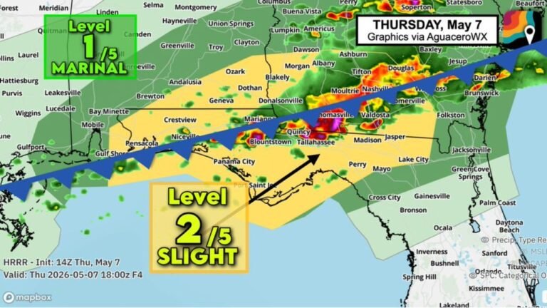 Northern Florida and the Panhandle Face Isolated Severe Storm Threat Thursday as Frontal Boundary Weakens Through the Afternoon