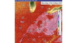 Ohio, Indiana, Illinois and West Virginia Face Possible Record Heat With Columbus at 93, Charleston at 95, Cincinnati at 91 and Indianapolis at 90 Degrees Monday May 18
