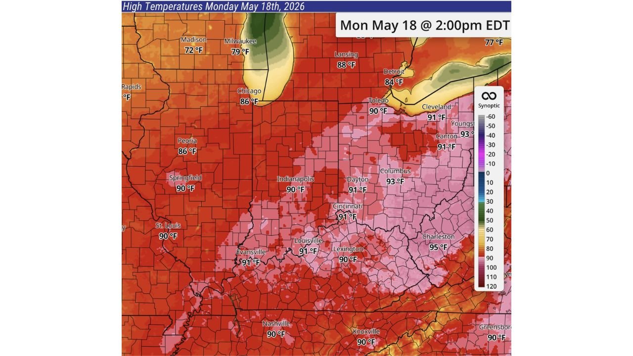 Ohio, Indiana, Illinois and West Virginia Face Possible Record Heat With Columbus at 93, Charleston at 95, Cincinnati at 91 and Indianapolis at 90 Degrees Monday May 18