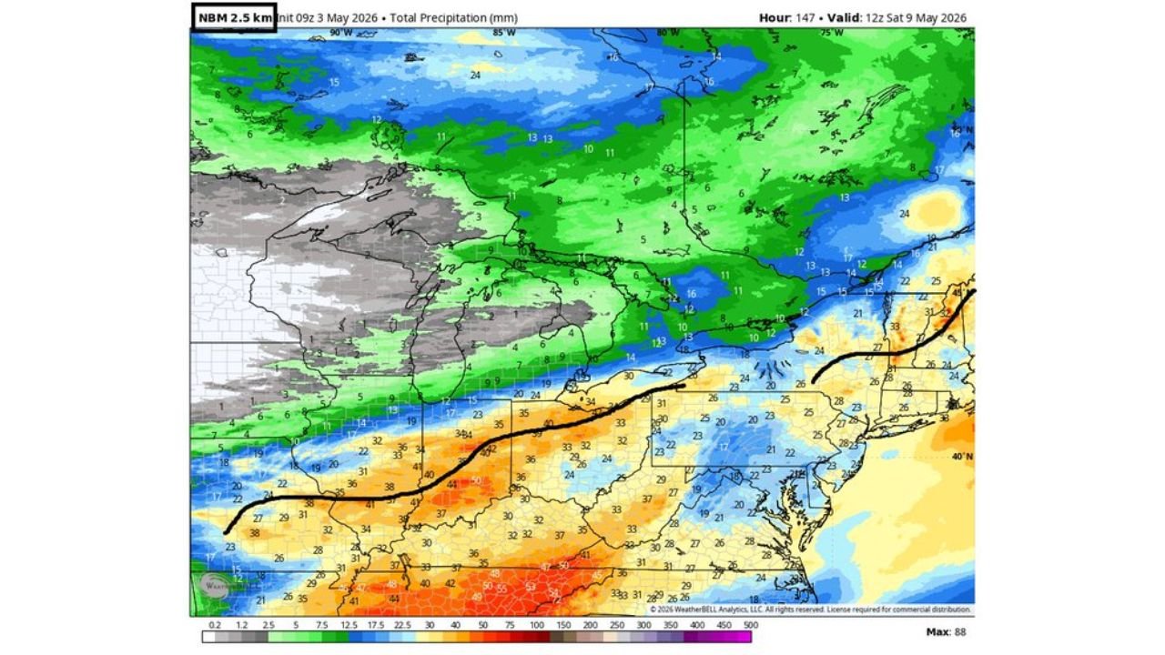 Ohio, Indiana, Kentucky and Tennessee Face 50 to 99mm of Rainfall Next Week With Great Lakes Region Seeing Lighter Totals Through Saturday May 9