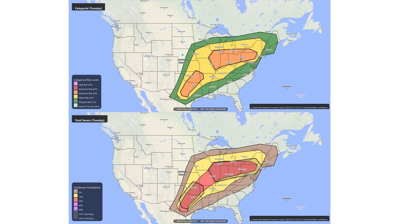 Ohio, Oklahoma, and Texas Could Face CIG 2 Severe Weather Tuesday as Two Separate Enhanced Risk Zones Target Millions Across the Central and Eastern United States