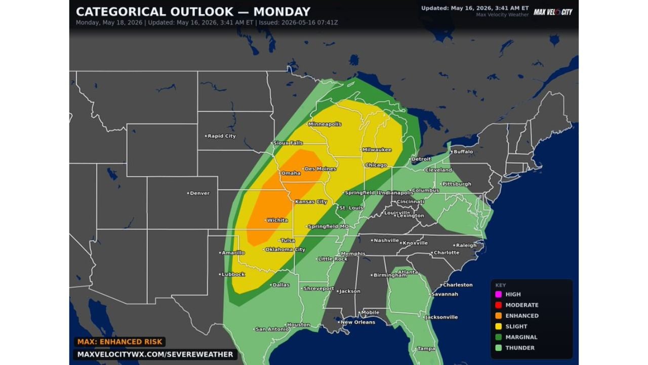 Oklahoma, Kansas, Iowa and Illinois Face a Dangerous Outbreak With EF3 Tornadoes, Giant Hail and Significant Damaging Winds Near Oklahoma City, Wichita, Omaha and Des Moines Monday May 18