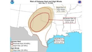 Oklahoma, Texas and New Mexico Face Moderate Risk of Extreme Heat May 13 to 14 With Temperatures Near 100 Degrees and Heat Index of 100 to 105 as Wildfire Risk Rises