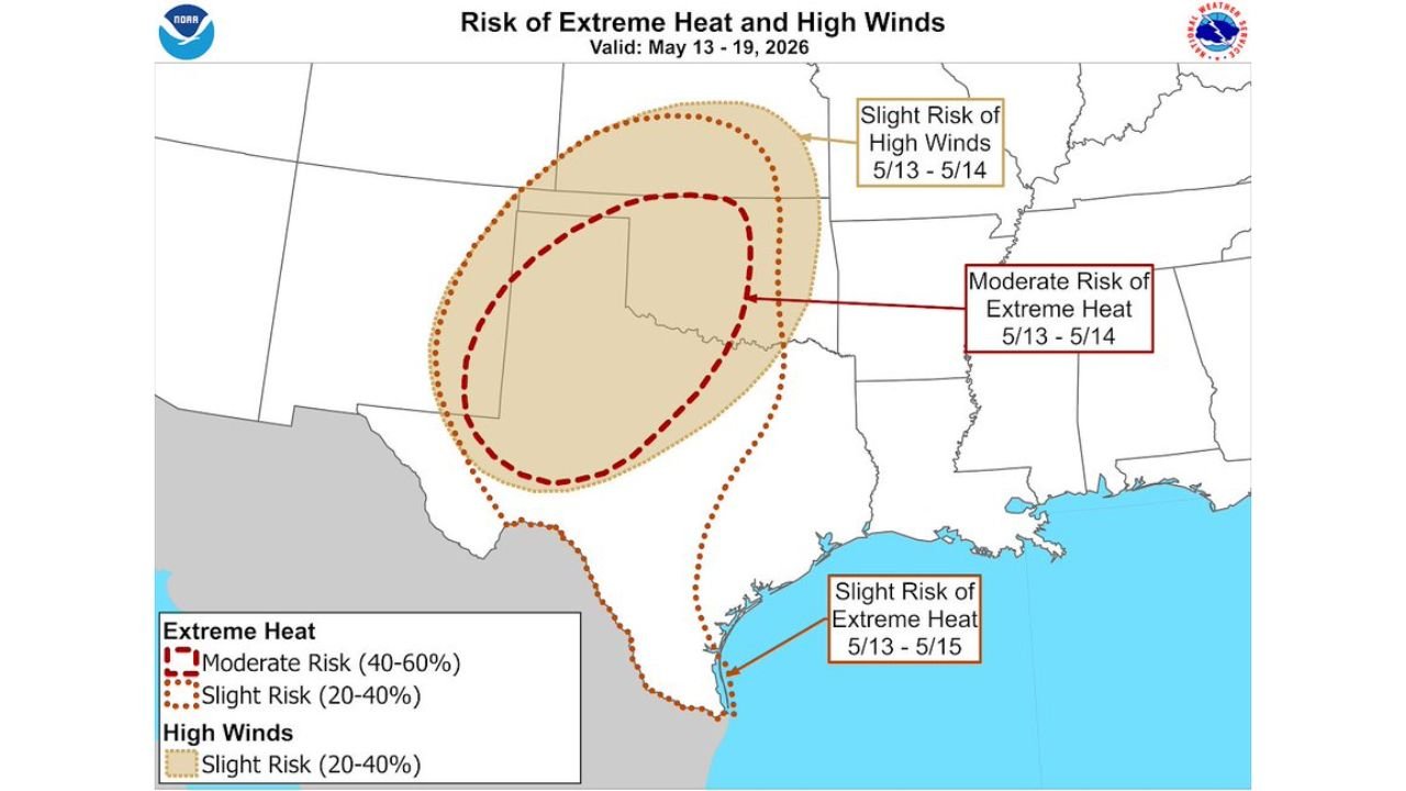 Oklahoma, Texas and New Mexico Face Moderate Risk of Extreme Heat May 13 to 14 With Temperatures Near 100 Degrees and Heat Index of 100 to 105 as Wildfire Risk Rises