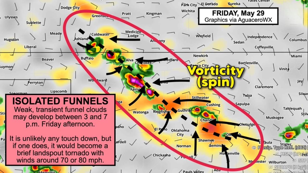 Oklahoma and Kansas Watch for Isolated Funnel Clouds and Brief Landspout Tornado Risk Friday Afternoon Between 3 and 7 PM