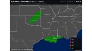 Oklahoma and Louisiana Face Low Tornado Threat Friday Afternoon and Evening With Probability Zones Covering Tulsa, Oklahoma City, and New Orleans on May 8