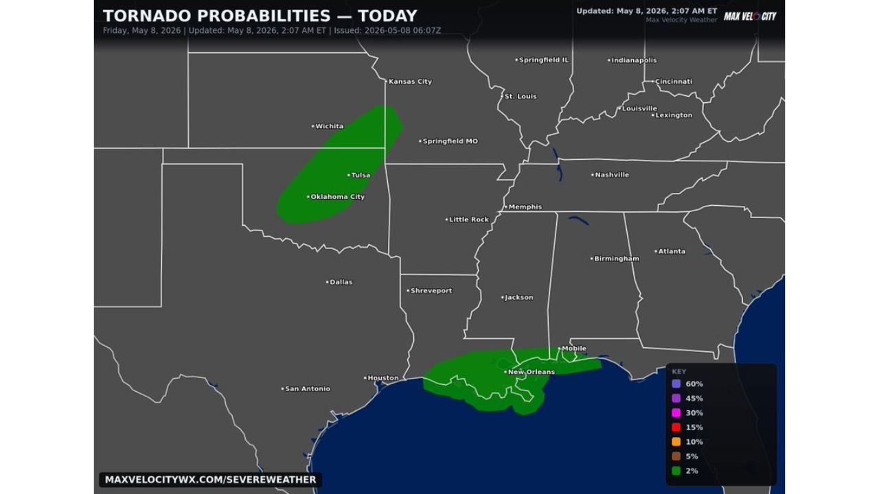 Oklahoma and Louisiana Face Low Tornado Threat Friday Afternoon and Evening With Probability Zones Covering Tulsa, Oklahoma City, and New Orleans on May 8