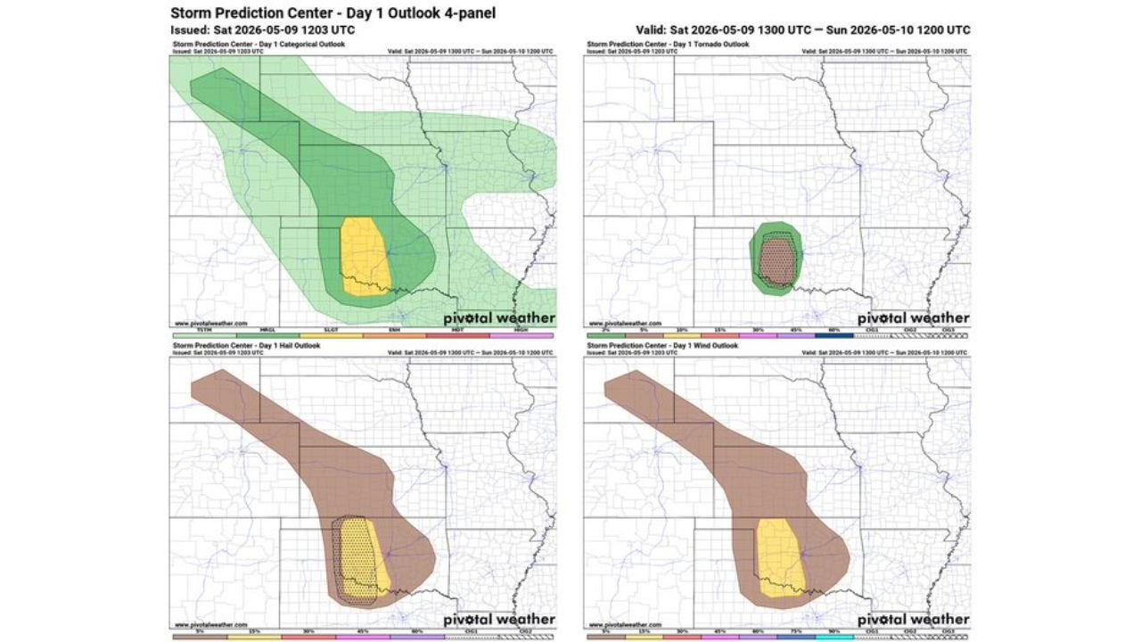 Oklahoma and Northwest Texas Face Isolated to Scattered Severe Storms Saturday Afternoon and Evening With Large to Very Large Hail, Tornadoes, and Damaging Winds Possible on May 9