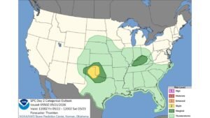 Oklahoma and Southern Kansas Face Slight Risk of Severe Weather Friday May 22 as SPC Day 2 Outlook Also Flags Separate Marginal Risk Zone Over Kentucky and Tennessee