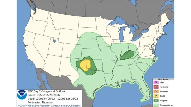 Oklahoma and Southern Kansas Face Slight Risk of Severe Weather Friday May 22 as SPC Day 2 Outlook Also Flags Separate Marginal Risk Zone Over Kentucky and Tennessee