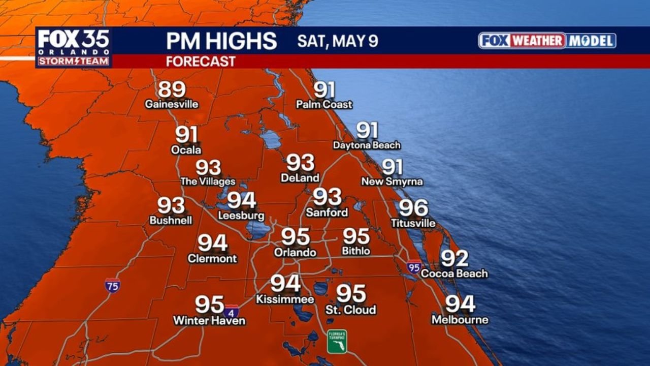 Orlando, Titusville, and Daytona Beach Face 95 Degree Heat Saturday and Passing Downpours on Mother's Day Sunday With Storm Chances Rising Through the Week